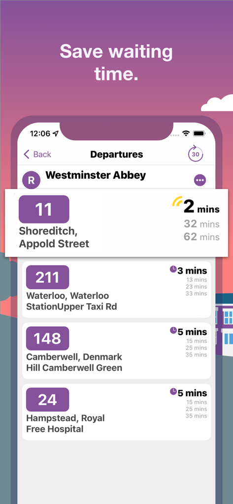 Bus Times UK Live checker app - Captura de pantalla de la aplicación Bus Times UK que muestra los horarios de salida en vivo de los autobuses en la parada de la Abadía de Westminster.