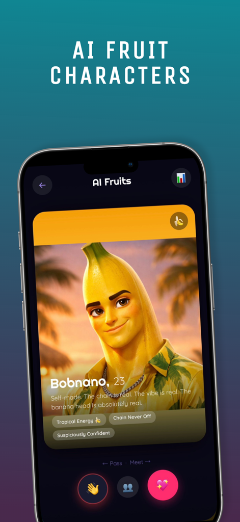 AI Fruits: Island Date - A dating app profile for Bobnano, a banana character in the AI Fruits Island Date game.