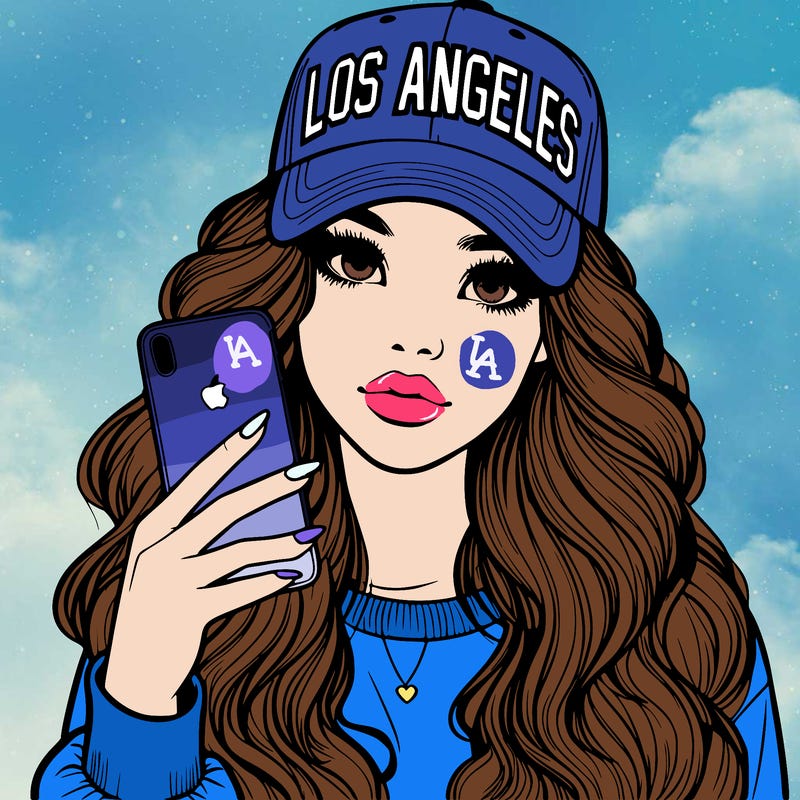 realistic beautiful girl wearing los ángeles cap holding an iphone