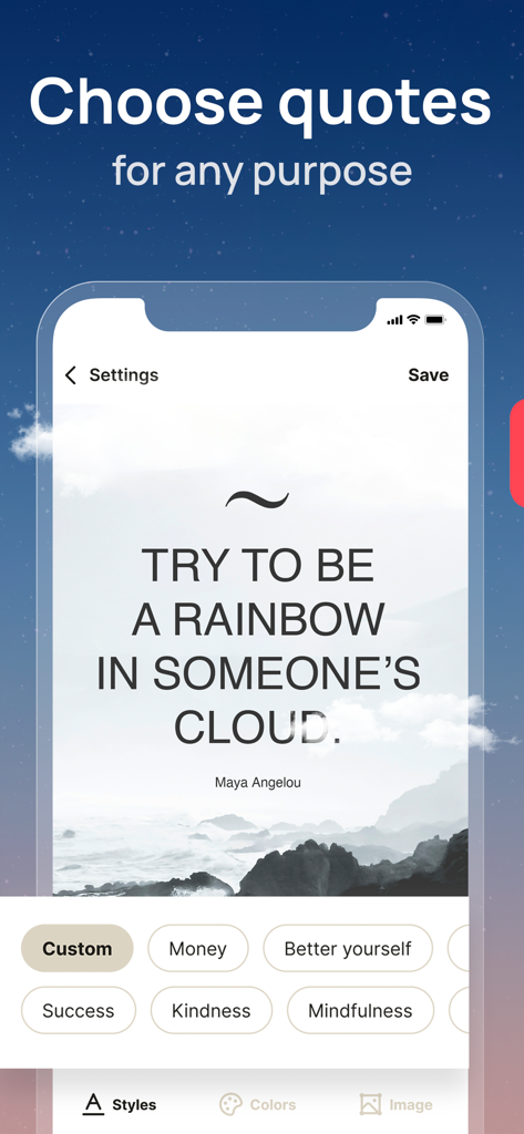 Quotes Maker: Daily Motivation - Interfaz de la aplicación Quotes Maker mostrando una cita de Maya Angelou y una selección de categorías de motivación.