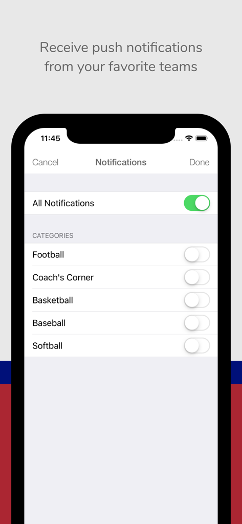 YSN Live - Push notification settings in the YSN Live app showing categories for football, basketball, baseball, and softball.