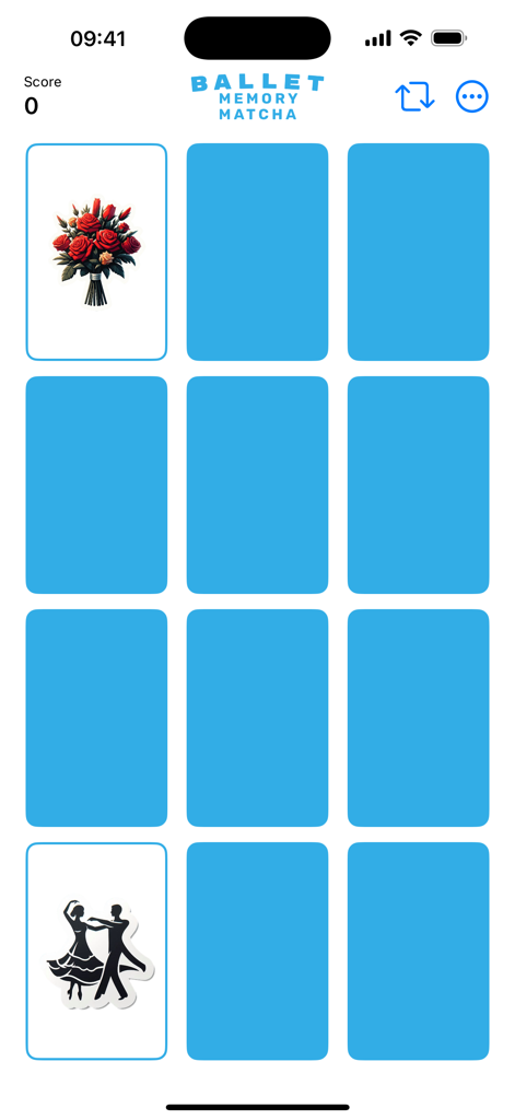 Memory Matcha - Gameplay screen of Memory Matcha showing a grid of cards with a bouquet of roses and ballet dancers revealed.