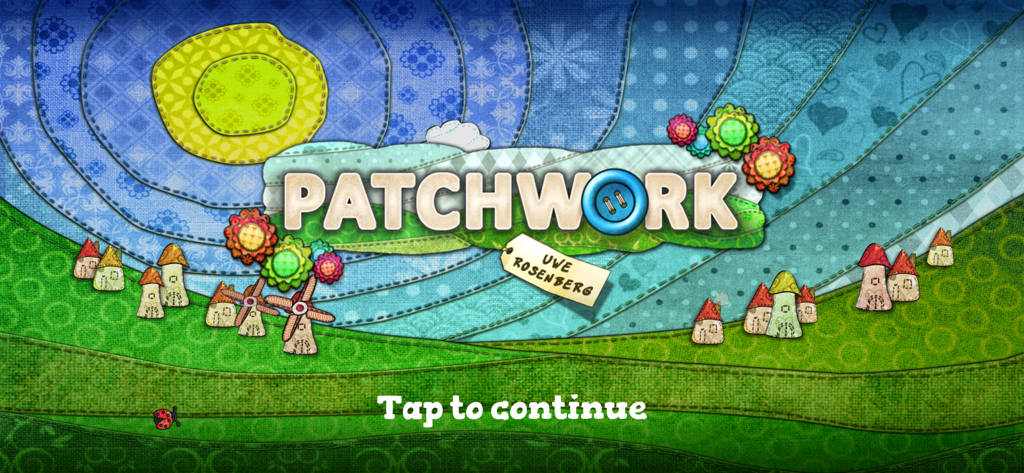 Patchwork The Game - The title screen of Patchwork The Game featuring a quilted landscape and the game logo.