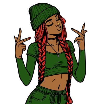 realistic teenage girl with braids and a beanie and crop top doing 🫶🏼