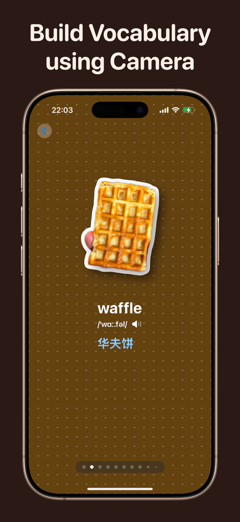 Vocabulary Builder Dictionary - Wordtionary app interface showing a waffle sticker with phonetic pronunciation and Chinese translation