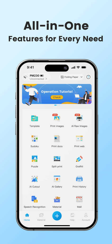 The Labelnize app home screen displaying a variety of all-in-one printing features including templates, AI image generation, and document printing tools.