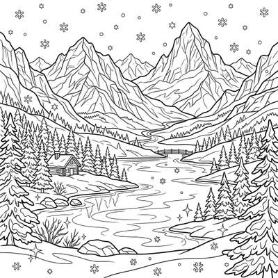 Escape to a breathtaking winter landscape with this serene alpine lake coloring page. Featuring majestic snow-covered mountains, a tranquil frozen lake, and a charming cabin, it's perfect for a cozy coloring session.
