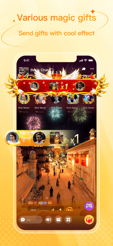 Beela Chat - Group Vocie Rooms - Interfaz de la aplicación Beela Chat que muestra regalos mágicos virtuales con efectos geniales en una sala de voz grupal