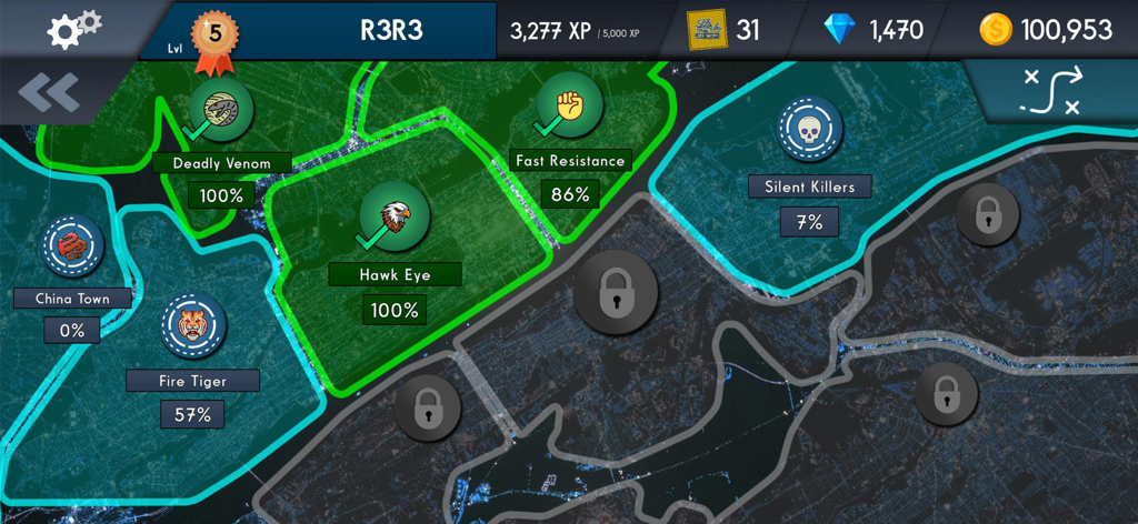 Car Manual Shift 4 - A bird's eye view of the city map in Car Manual Shift 4 showing various gang-controlled territories and player stats