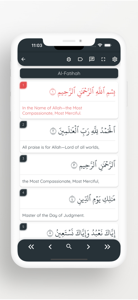 Read & Listen Qur'an - Digital Quran interface displaying Arabic verses with English translations of Surah Al-Fatihah