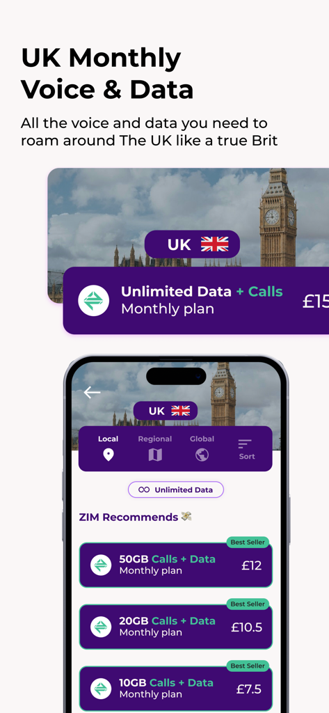 ZIM app interface displaying UK monthly voice and data eSIM plans including 50GB and 20GB options