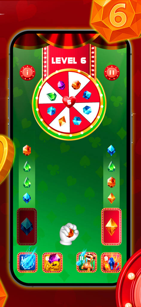 Holiday Mania - Holiday Mania mobile game interface showing level 6 with a spinning gem wheel and a hand throwing elements