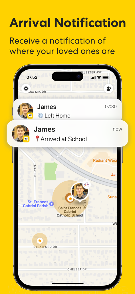 HiPal: Phone tracker & Talkie - Smartphone screen showing HiPal app arrival notifications and location tracking on a map