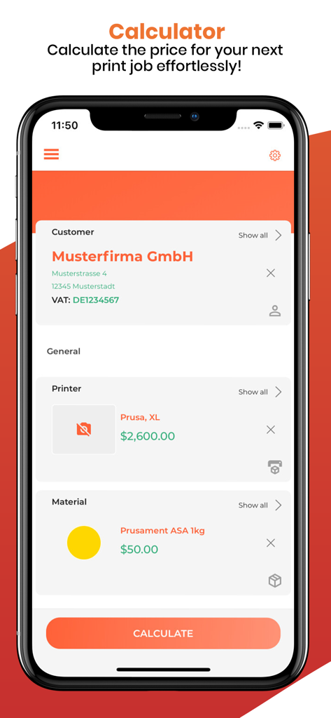 Interfaccia dell'app Calcolatore Costi Stampa 3D Lite che mostra le impostazioni di calcolo per la stampante e il materiale del cliente