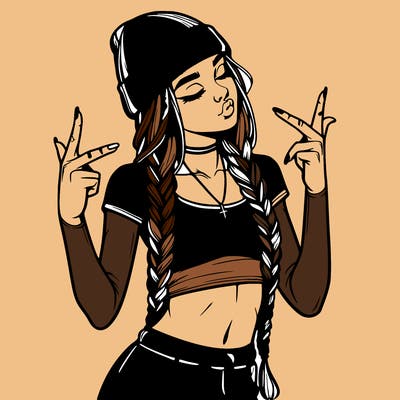 realistic teenage girl with braids and a beanie and crop top doing 🫶🏼