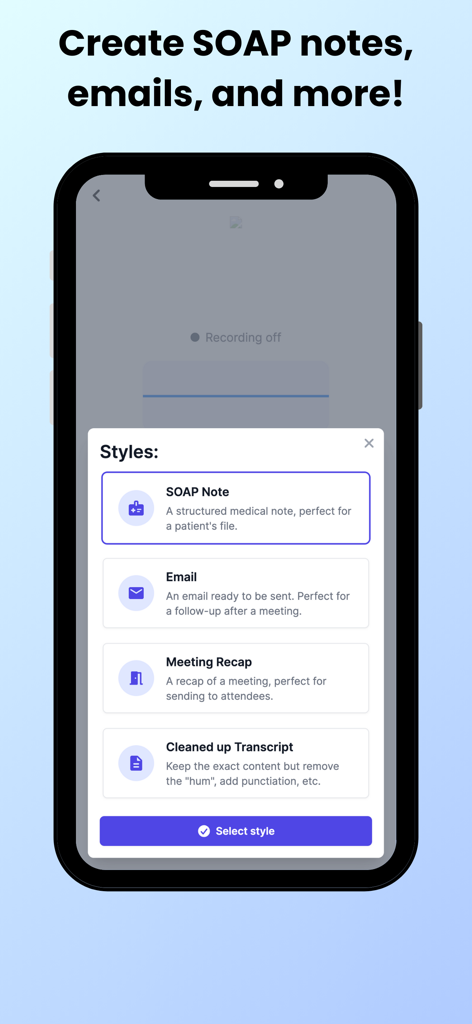 Scribvet app interface showing options for SOAP notes, emails, meeting recaps, and cleaned up transcripts