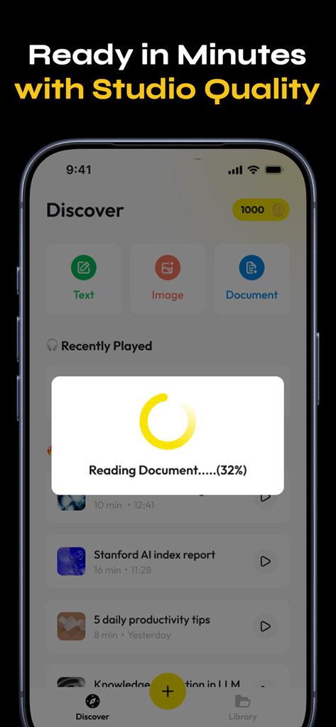 AI Podcast Generator - Podgeno - Podgeno mobile app interface showing the AI processing a document to generate a high quality podcast
