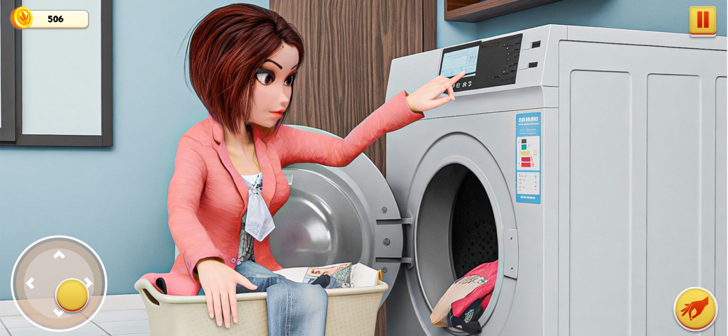 Mom Simulator Life Mother Game - A character in the Mom Simulator game interacting with a washing machine to do laundry chores.