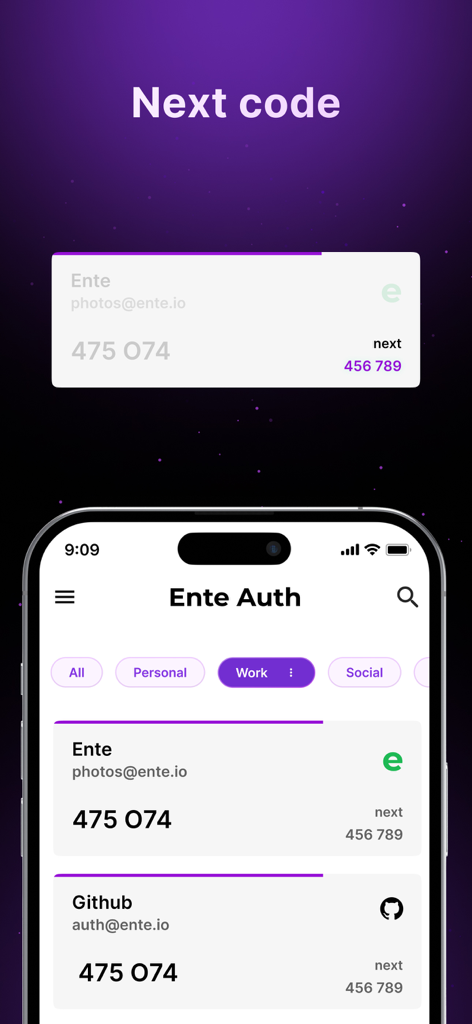 Ente Auth - 2FA Authenticator - Ente Auth app screen showing 2FA security codes and account categories