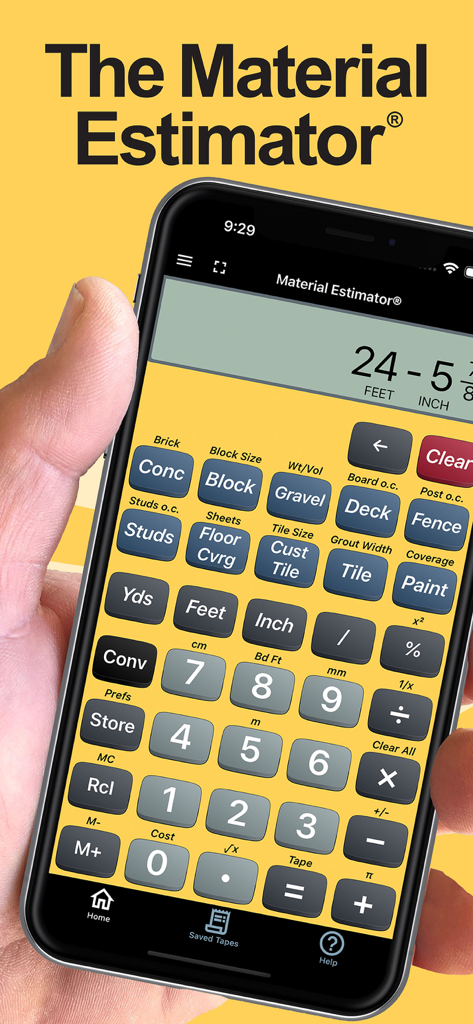 Um smartphone exibindo a interface do aplicativo Calculadora Estimadora de Materiais com botões especializados para materiais de construção