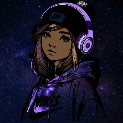 realistic girl wearing a hoodie and a beanie and headphones and nikes