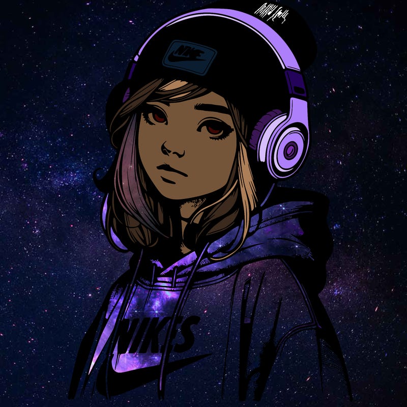 realistic girl wearing a hoodie and a beanie and headphones and nikes