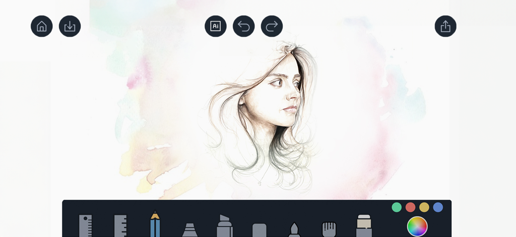 Drawing Pad - - Digital pencil sketch of a woman portrait in the Drawing Pad app interface