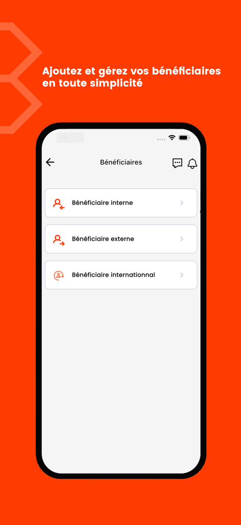 myBridge Touch - Interfaz de la aplicación bancaria myBridge Touch que muestra opciones para administrar beneficiarios internos, externos e internacionales.