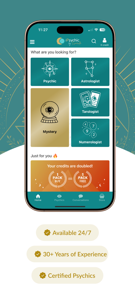 Main interface of the iVoyance app showing categories for psychic astrology tarot and numerology consultations