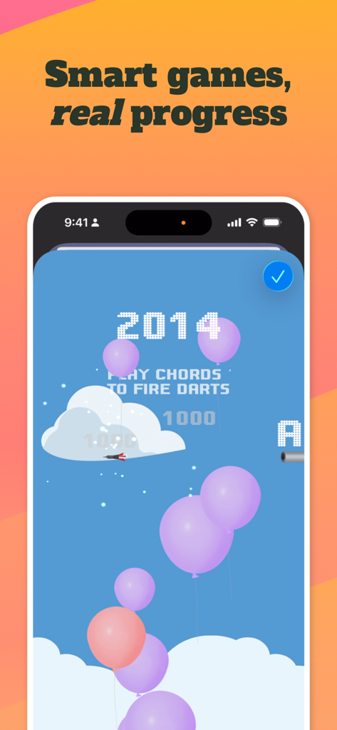 Juego de práctica de acordes de guitarra gamificado con globos y puntuación en tiempo real