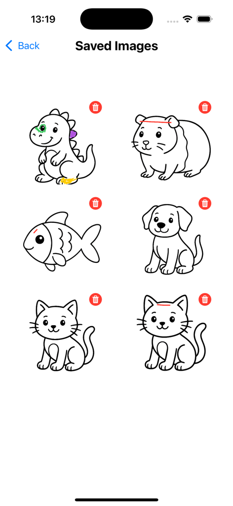 Animal Coloring - Una galería de dibujos de animales guardados dentro de la aplicación Animal Coloring que muestra un dinosaurio, pez, perro y gatos.