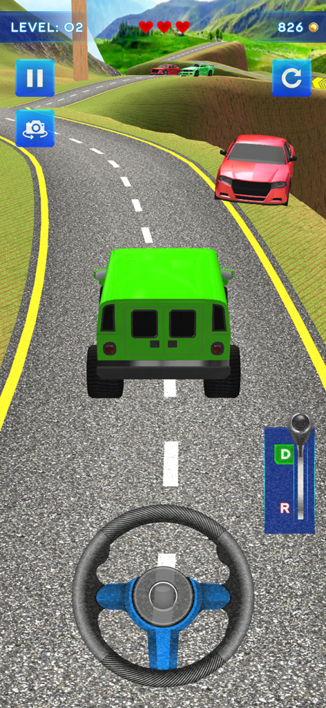 Hill Climb Car: Racing Game 3D - Jogabilidade de Hill Climb Car Racing Game 3D mostrando um SUV verde dirigindo em uma estrada de montanha sinuosa com direção e controles de marcha na tela.