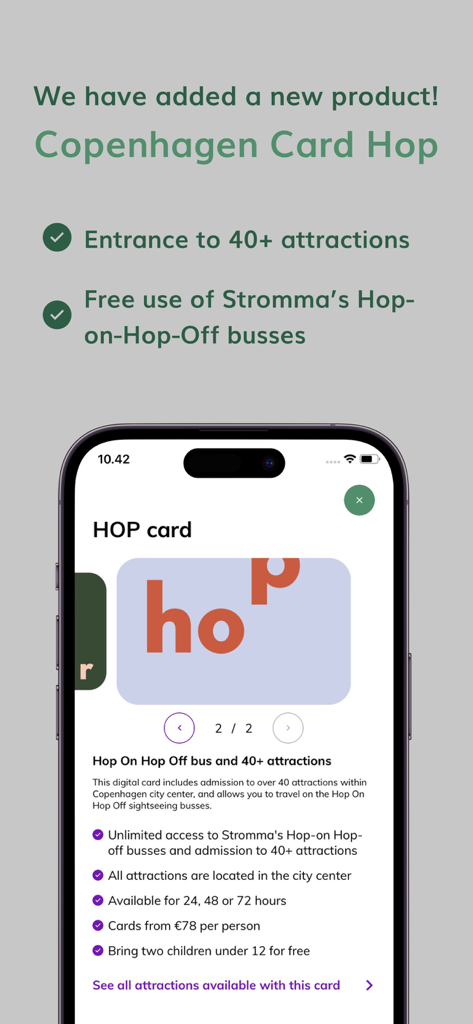 Copenhagen Card City Guide - Pass Copenhagen Card Hop-on Hop-off che mostra l'accesso a oltre 40 attrazioni e autobus turistici