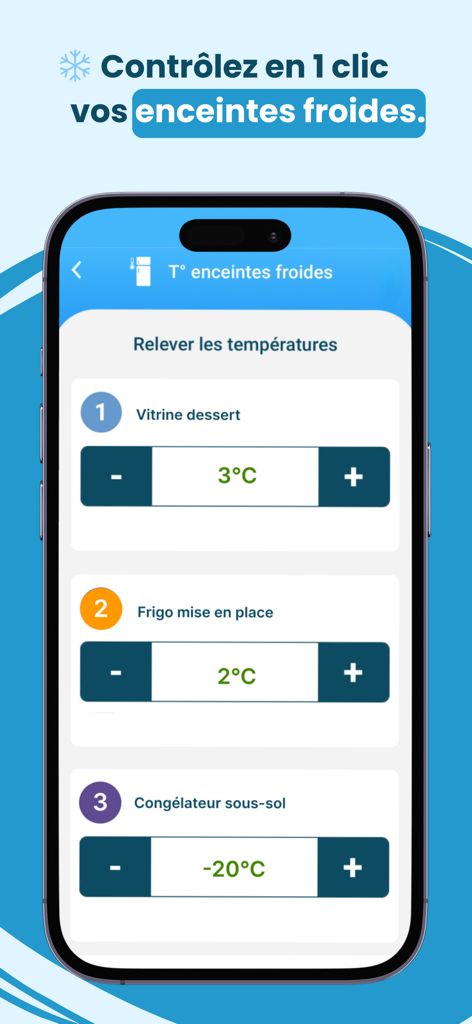 Octopus HACCP - Interface de l'application mobile Octopus HACCP montrant les enregistrements numériques de température pour les réfrigérateurs et congélateurs commerciaux