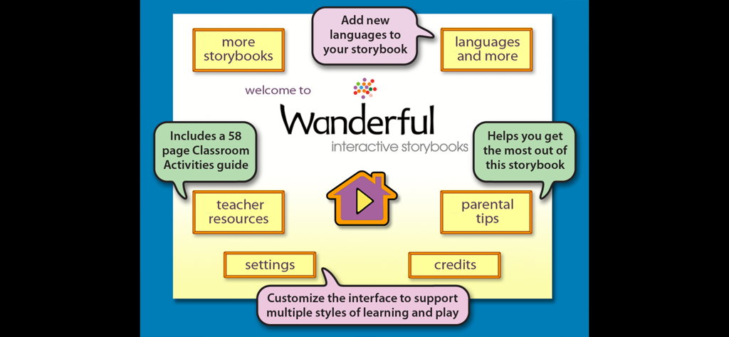 Little Monster at School - Main menu screen of the Little Monster at School app displaying buttons for teacher resources parental tips and language settings