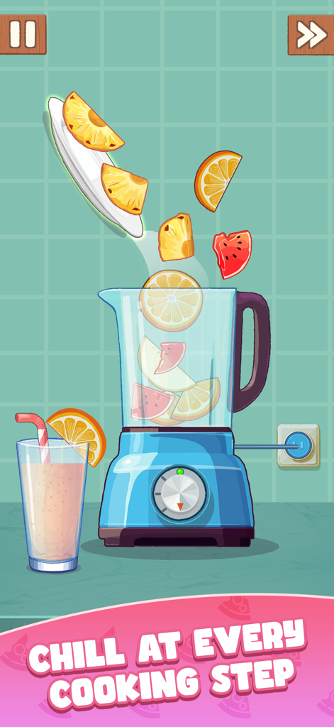 A blue blender being filled with fresh fruit slices in the cozy cooking game Cookingdom.
