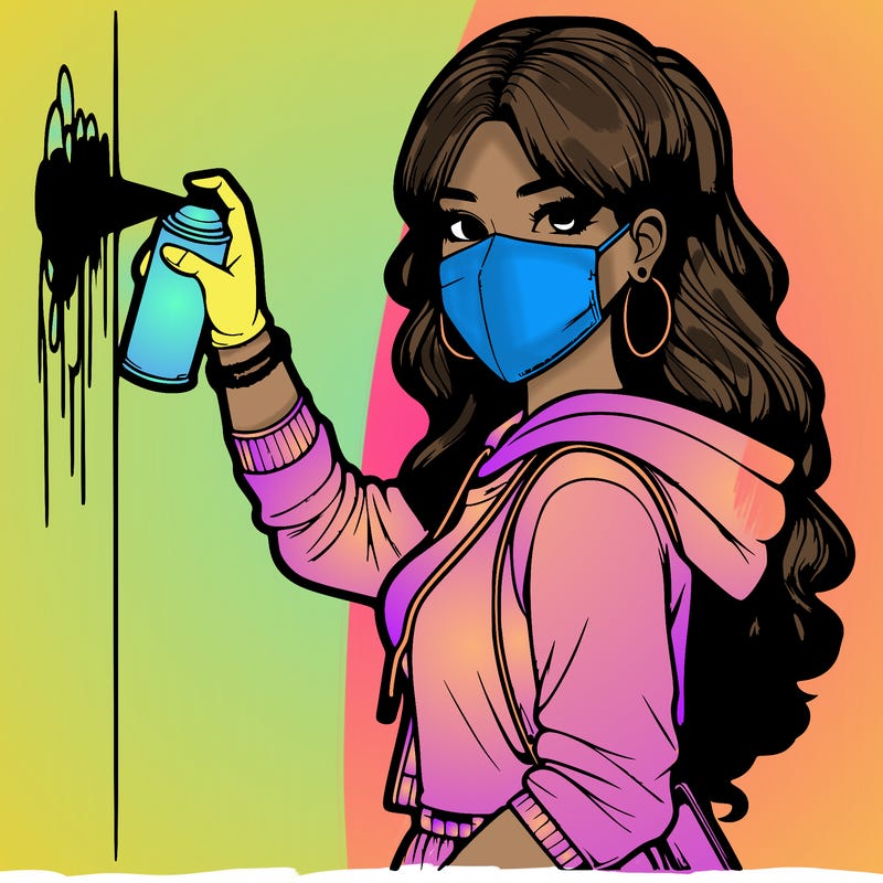 realistic girl with mask spray painting a wall