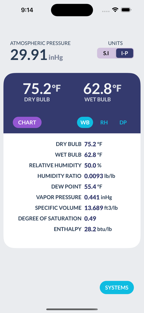 Psychrometrics app interface showing calculated air properties including dry bulb and wet bulb temperatures