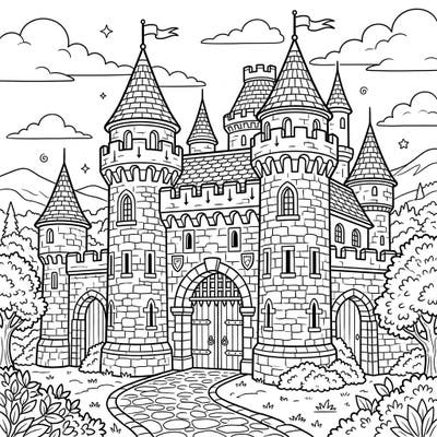 Unleash your creativity with this magnificent gatehouse castle coloring page, specially designed for teens. Dive into a world of medieval fantasy with intricate details and grand architecture awaiting your artistic touch.