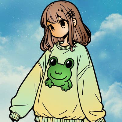 girl wearing frogging sweatshirt