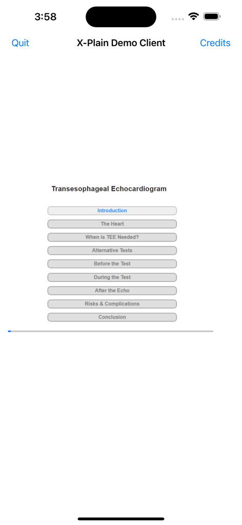X-Plain app interface showing a list of tutorial chapters for a Transesophageal Echocardiogram procedure