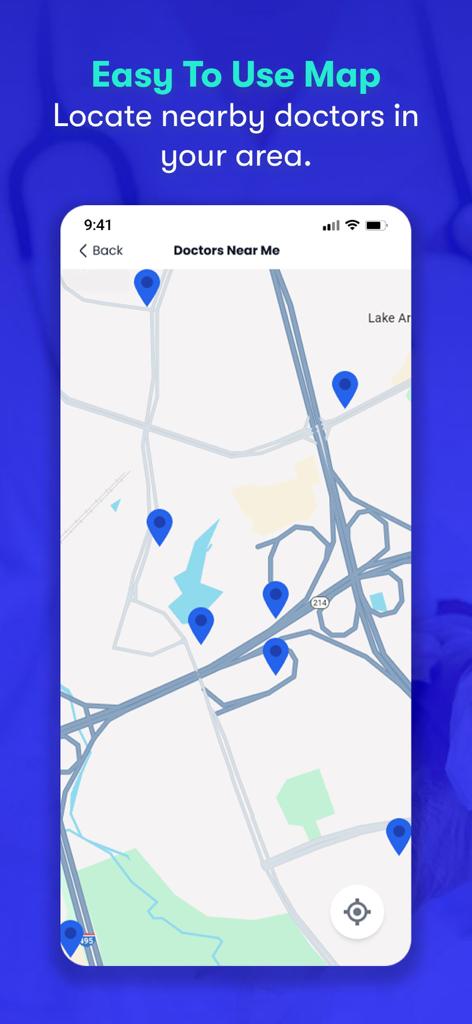 Interfaccia della mappa dell'app CureMe che mostra puntatori blu per medici nelle vicinanze