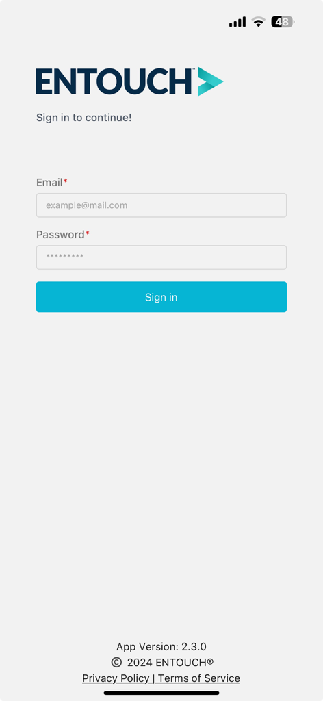 Login screen for the ENTOUCH Installer Tool app with email and password input fields.