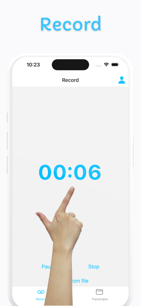 Voice Memo Transcription - Mobile App-Oberfläche, die eine aktive Sprachaufnahme mit einem digitalen Timer und Wiedergabesteuerung anzeigt.