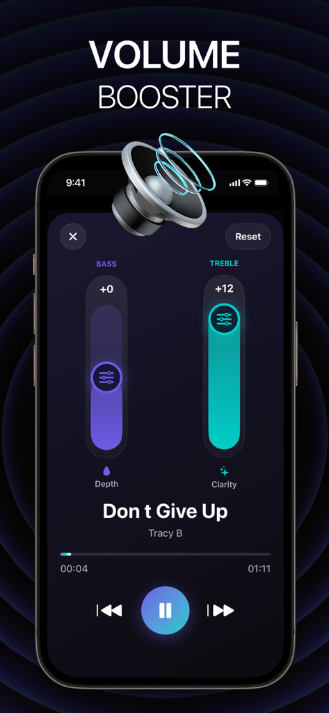 Bass Booster | Volume | Treble - Smartphone screen displaying the Bass Booster app interface with bass and treble control sliders.