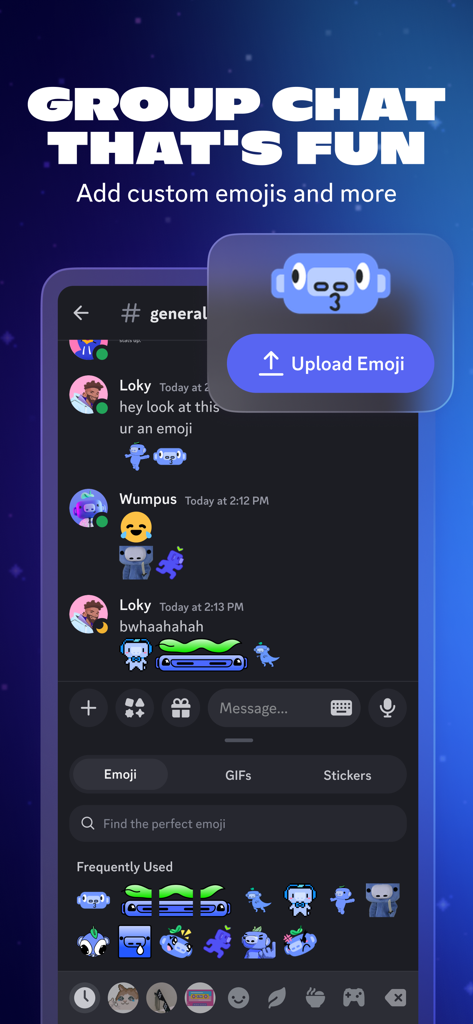 Interface do aplicativo móvel Discord mostrando emojis personalizados e adesivos em um chat em grupo