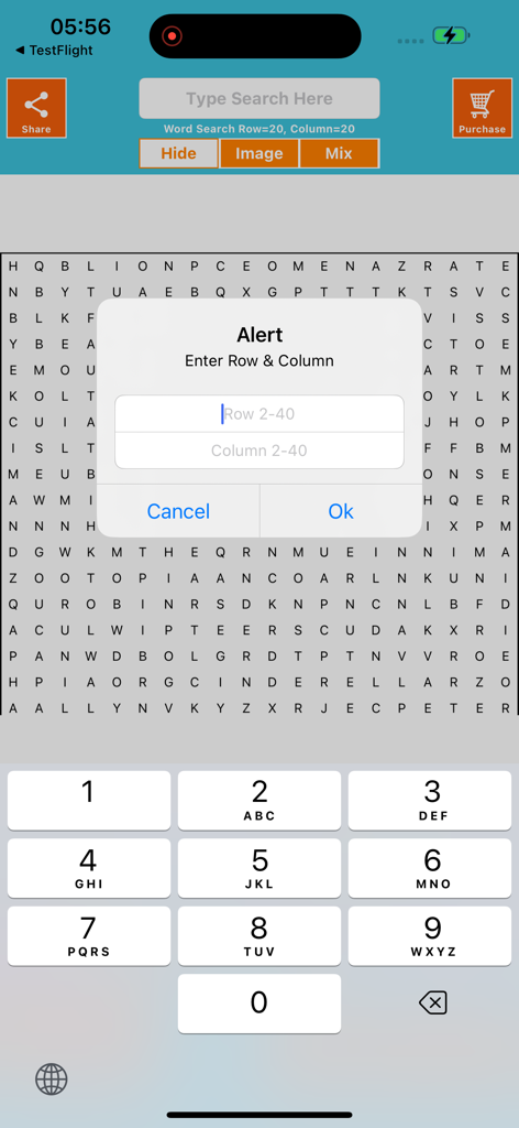 Word Search Solver AI Omniglot - A mobile app interface for Word Search Solver AI showing an alert popup to enter the row and column dimensions for a manual puzzle grid.