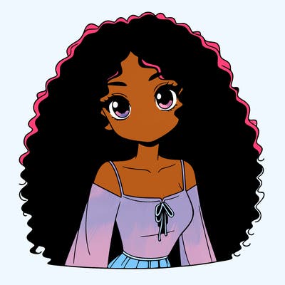 a black anime girl with long afro hair