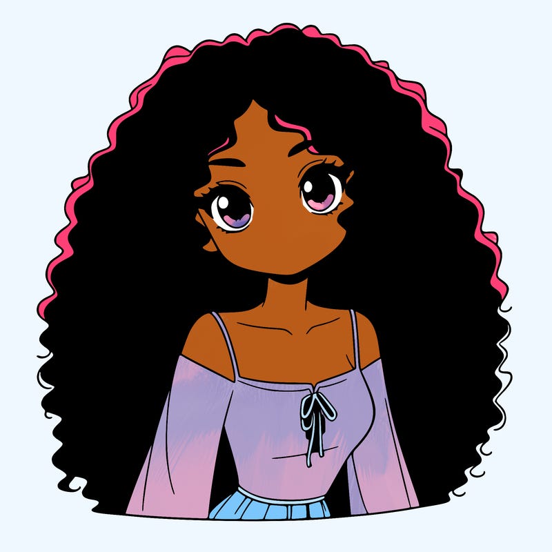 a black anime girl with long afro hair