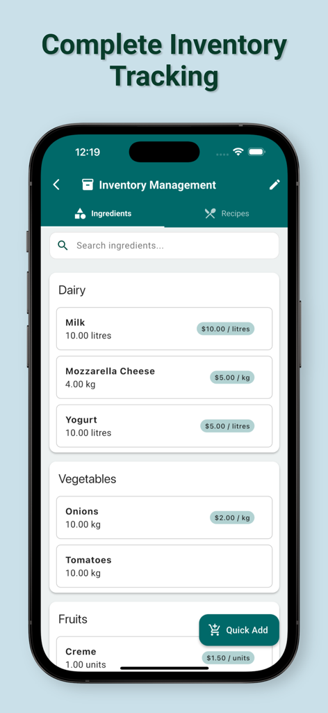 Inventory management screen showing stock levels and costs for restaurant ingredients